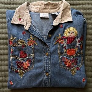 Bobbie Brooks Embroidered Autumn Denim Button Down Shirt